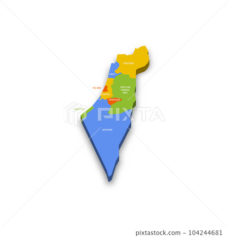 Israel political map of administrative divisions - districts, Gaza Strip and Judea and Samaria Area. Colorful 3D vector map with country province names and dropped shadow. Israel political map of administrative divisions - districts, Gaza Strip and Judea and Samaria Area. Colorful 3D vector map with country province names and dropped shadow. 104244681