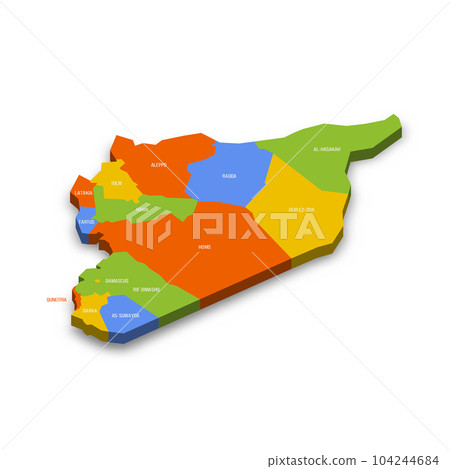 Syria political map of administrative divisions - governorates. Colorful 3D vector map with country province names and dropped shadow. Syria political map of administrative divisions - governorates. Colorful 3D vector map with country province names and dropped shadow. 104244684