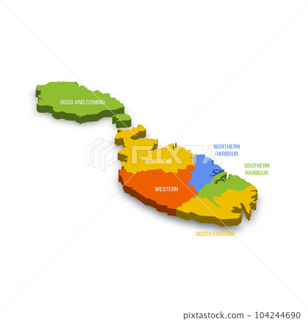 Malta political map of administrative divisions - regions. Colorful 3D vector map with country province names and dropped shadow. 104244690