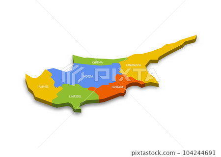 Cyprus political map of administrative divisions - districts. Colorful 3D vector map with country province names and dropped shadow. 104244691