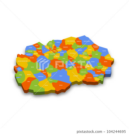 North Macedonia political map of administrative divisions - municipalities. Colorful 3D vector map with country province names and dropped shadow. 104244695