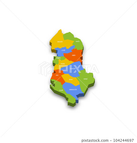 Albania political map of administrative divisions - counties. Colorful 3D vector map with country province names and dropped shadow. 104244697