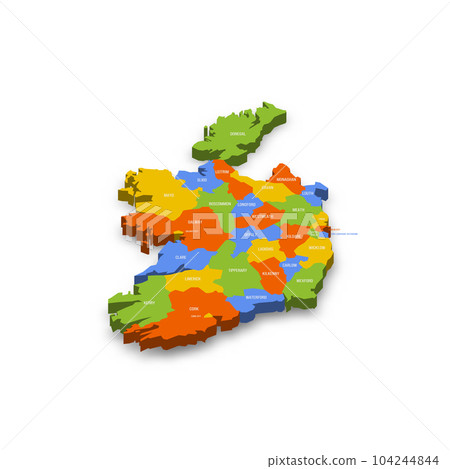 Ireland political map of administrative divisions - counties and cities. Colorful 3D vector map with country province names and dropped shadow. Ireland political map of administrative divisions - counties and cities. Colorful 3D vector map with country province names and dropped shadow. 104244844