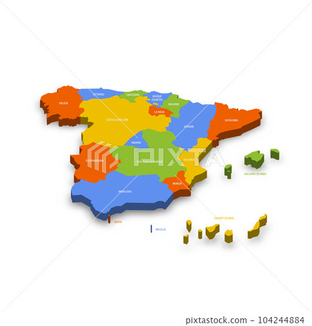 Spain political map of administrative divisions - autonomous communities and autonomous cities of Ceuta and Melilla. Colorful 3D vector map with country province names and dropped shadow. 104244884