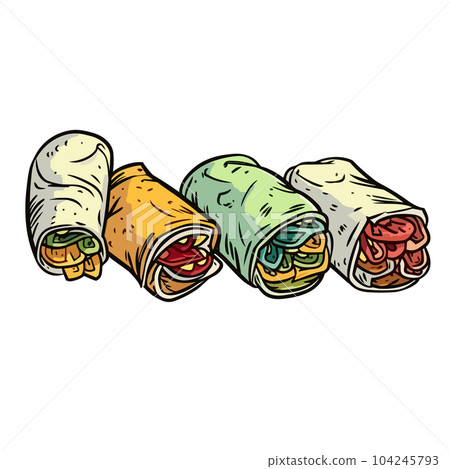 Burritos hand-drawn illustration. Mexican burrito wrap. Vector doodle style cartoon illustration 104245793