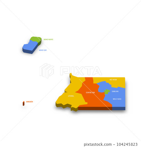Equatorial Guinea political map of administrative divisions - provinces. Colorful 3D vector map with country province names and dropped shadow. 104245823