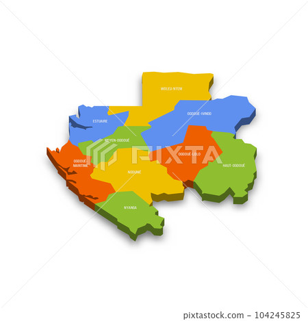 Gabon political map of administrative divisions - provinces. Colorful 3D vector map with country province names and dropped shadow. Gabon political map of administrative divisions - provinces. Colorful 3D vector map with country province names and dropped shadow. 104245825