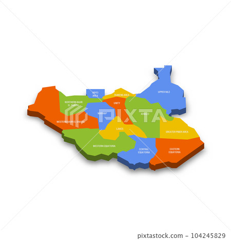 South Sudan political map of administrative divisions - states, administrative areas and area with special administrative status. Colorful 3D vector map with country province names and dropped shadow. South Sudan political map of administrative divisions - states, administrative areas and area with special administrative status. Colorful 3D vector map with country province names and dropped shadow. 104245829