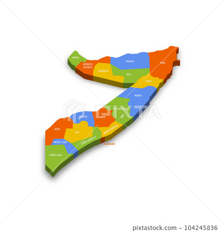 Somalia political map of administrative divisions - federal states. Colorful 3D vector map with country province names and dropped shadow. Somalia political map of administrative divisions - federal states. Colorful 3D vector map with country province names and dropped shadow. 104245836