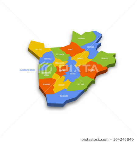 Burundi political map of administrative divisions - provinces. Colorful 3D vector map with country province names and dropped shadow. 104245840