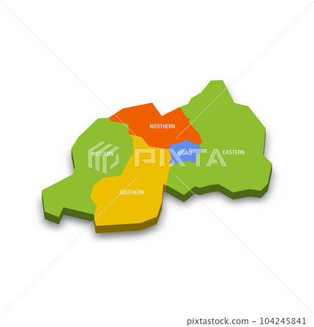 Rwanda political map of administrative divisions - provinces. Colorful 3D vector map with country province names and dropped shadow. 104245841