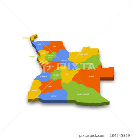 Angola political map of administrative divisions - provinces. Colorful 3D vector map with country province names and dropped shadow. Angola political map of administrative divisions - provinces. Colorful 3D vector map with country province names and dropped shadow. 104245859