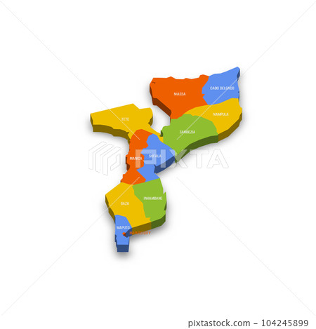 Mozambique political map of administrative divisions - provinces and capital city of Maputo. Colorful 3D vector map with country province names and dropped shadow. Mozambique political map of administrative divisions - provinces and capital city of Maputo. Colorful 3D vector map with country province names and dropped shadow. 104245899