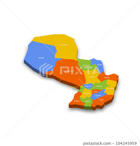 Paraguay political map of administrative divisions - departments and capital district. Colorful 3D vector map with country province names and dropped shadow. 104245959