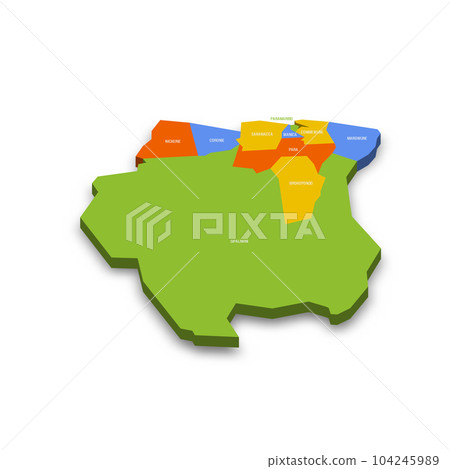 Suriname political map of administrative divisions - districts. Colorful 3D vector map with country province names and dropped shadow. 104245989