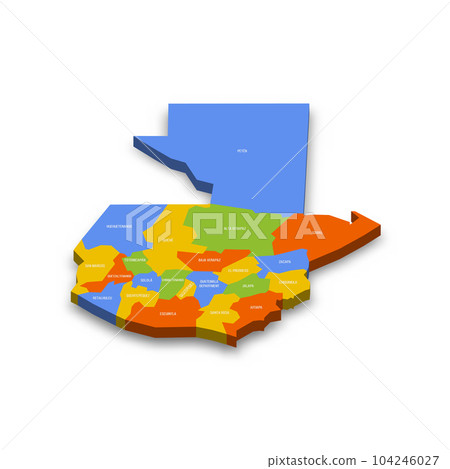 Guatemala political map of administrative divisions - departments. Colorful 3D vector map with country province names and dropped shadow. Guatemala political map of administrative divisions - departments. Colorful 3D vector map with country province names and dropped shadow. 104246027