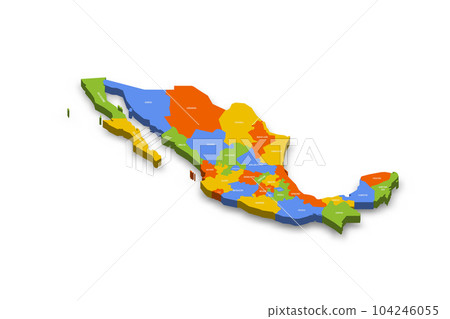 Mexico political map of administrative divisions - states and Mexico City. Colorful 3D vector map with country province names and dropped shadow. Mexico political map of administrative divisions - states and Mexico City. Colorful 3D vector map with country province names and dropped shadow. 104246055
