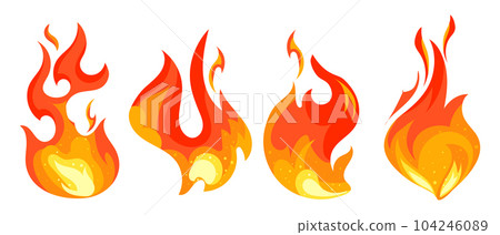 Fire flame, set. Hot flaming elements. Bonfire. Decorative elements. Icons, vector 104246089