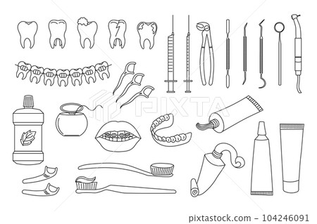Dental icons set, dentistry symbols collection. Sketches, logo illustrations, dental clinic linear signs pack. Vector 104246091