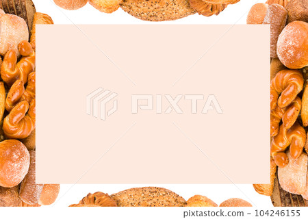 Bread, baguette and appetizing pastries isolated on white . There is space for text. Collage. 104246155