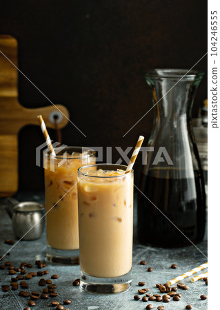 Cold brew iced coffee in tall glasses 104246555
