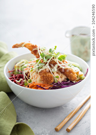 Poke or sushi bowl with fried shrimp Poke or sushi bowl with fried shrimp 104246590