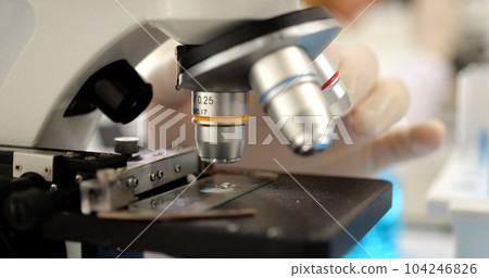 Close up shot of microscope for chemistry biology test samples in laboratory 104246826