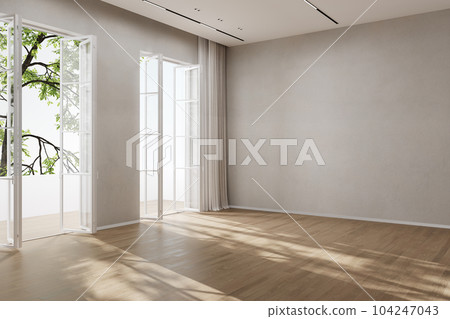 Empty minimalist modern living room interior background with sunlight and shadows, 3d rendering 104247043