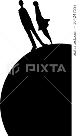 男孩和女孩站在球體上的剪影 男孩和女孩站在球體上的剪影 104247552