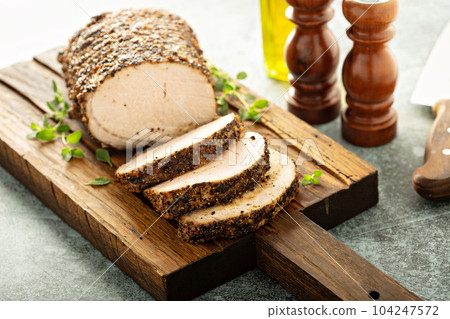Roasted pork loin with dry rub 104247572