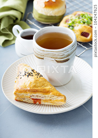 Red bean puff pastry with green tea 104247625