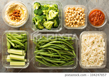 Vegan meal prep with cooked rice 104247857