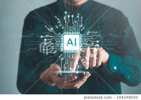Digital information technology concept. Businessman touching artificial intelligence icon. Chatbot and AI concept. Digital information technology concept. Businessman touching artificial intelligence icon. Chatbot and AI concept. 104248050
