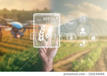 Smart Farming using IOT Internet Of Thinking technology and analysis with AI artificak intelligence help to improvement, research and development productivity of farming. 104248066