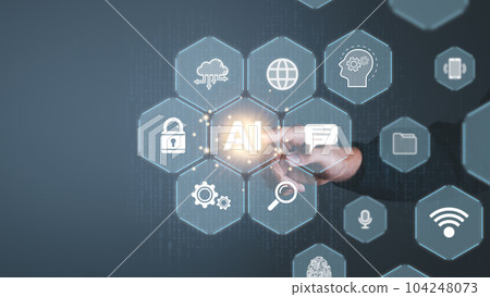 Digital information technology concept. Businessman touching artificial intelligence screen. 104248073