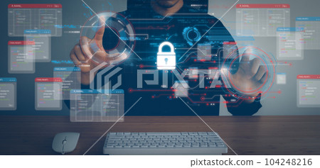 Data Security system concept, Business man use digital screen with security icon screen, innovation technology, cloud computing, internet network communication Data Security system concept, Business man use digital screen with security icon screen, innovation technology, cloud computing, internet network communication 104248216