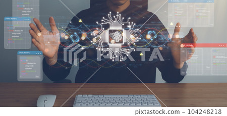 Business man holding digital screen of AI icon artificial intelligence. Machine learning concept, big data, science, innovation technology, cloud computing, futuristic, internet network communication Business man holding digital screen of AI icon artificial intelligence. Machine learning concept, big data, science, innovation technology, cloud computing, futuristic, internet network communication 104248218