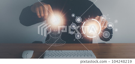 Business man holding digital screen of AI icon artificial intelligence. Machine learning concept, big data, science, innovation technology, cloud computing, futuristic, internet network communication Business man holding digital screen of AI icon artificial intelligence. Machine learning concept, big data, science, innovation technology, cloud computing, futuristic, internet network communication 104248219