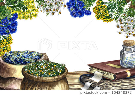 Medicinal herbs of cornflower, chamomile, tansy and St. John's wort. Frame on a white background. In a wooden pot and a linen bag. Glass vial on an old recipe book. Watercolor hand drawn illustration. Medicinal herbs of cornflower, chamomile, tansy and St. John's wort. Frame on a white background. In a wooden pot and a linen bag. Glass vial on an old recipe book. Watercolor hand drawn illustration. 104248372