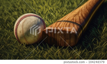 Cricket game. The ball and the bat lie on the green lawn 104248379