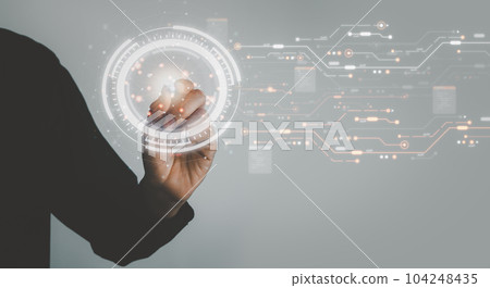 Digital information technology concept. Businessman wear VR glasses and touch virtual earth hologram. Social network, Digital marketing, Computer science and financial, artificial intelligence. Digital information technology concept. Businessman wear VR glasses and touch virtual earth hologram. Social network, Digital marketing, Computer science and financial, artificial intelligence. 104248435