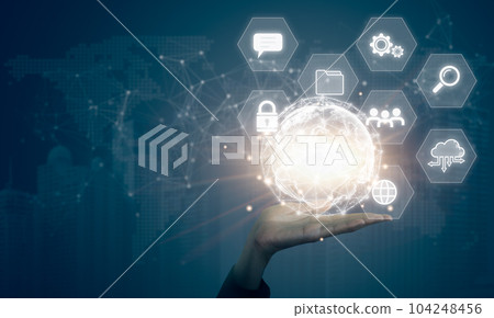 Digital information technology concept. Businessman holding virtual earth hologram. Social network, Digital marketing, Network transmission, Computer science and financial, artificial intelligence. Digital information technology concept. Businessman holding virtual earth hologram. Social network, Digital marketing, Network transmission, Computer science and financial, artificial intelligence. 104248456