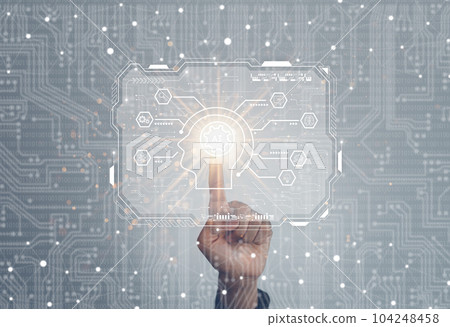 Business man touch the digital screen on the AI icon artificial intelligence. Machine learning concept, big data, science, innovation technology, cloud computing, futuristic, internet network Business man touch the digital screen on the AI icon artificial intelligence. Machine learning concept, big data, science, innovation technology, cloud computing, futuristic, internet network 104248458