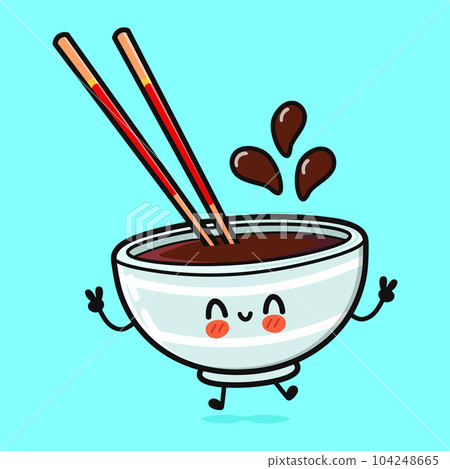 Jumping Bowl of soy sauce. Vector hand drawn cartoon kawaii character illustration icon. Isolated on blue background. Bowl of soy sauce character concept Jumping Bowl of soy sauce. Vector hand drawn cartoon kawaii character illustration icon. Isolated on blue background. Bowl of soy sauce character concept 104248665