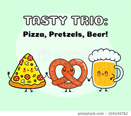 Cute, funny happy glass of beer, pizza and pretzel. Vector hand drawn cartoon kawaii characters, illustration icon. Funny cartoon glass of beer, pizza and pretzel mascot friends concept Cute, funny happy glass of beer, pizza and pretzel. Vector hand drawn cartoon kawaii characters, illustration icon. Funny cartoon glass of beer, pizza and pretzel mascot friends concept 104248762
