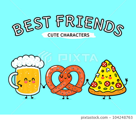 Cute, funny happy glass of beer, pizza and pretzel. Vector hand drawn cartoon kawaii characters, illustration icon. Funny cartoon glass of beer, pizza and pretzel mascot friends concept Cute, funny happy glass of beer, pizza and pretzel. Vector hand drawn cartoon kawaii characters, illustration icon. Funny cartoon glass of beer, pizza and pretzel mascot friends concept 104248763