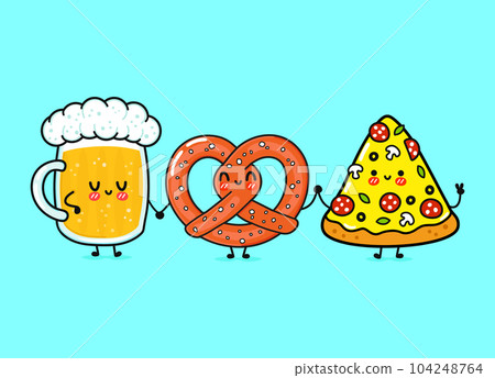 Cute, funny happy glass of beer, pizza and pretzel. Vector hand drawn cartoon kawaii characters, illustration icon. Funny cartoon glass of beer, pizza and pretzel mascot friends concept 104248764
