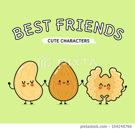 Cute, funny happy almonds, Walnut and cashews nut. Vector hand drawn cartoon kawaii characters, illustration icon. Funny happy cartoon almond, Walnut cashew nut mascot friends concept 104248766