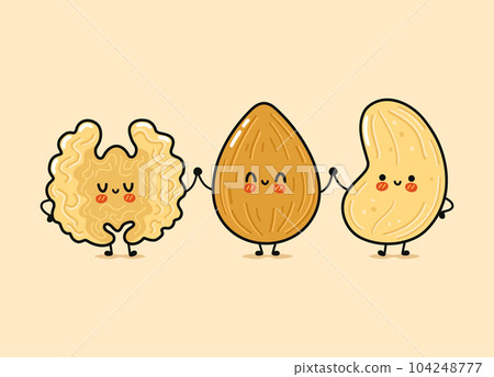 Cute, funny happy almonds, Walnut and cashews nut. Vector hand drawn cartoon kawaii characters, illustration icon. Funny happy cartoon almond, Walnut cashew nut mascot friends concept 104248777