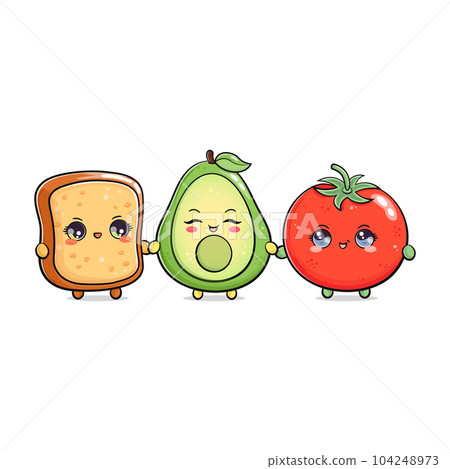 Avocado bread tomato. Vector hand drawn doodle style cartoon character illustration icon design. Happy Avocado bread tomato friends concept card 104248973